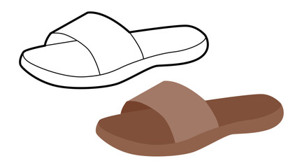 Brown slide sandal shoe women flat plus line set. One strap open toe sandal for travel blog resort project. Technical fashion illustration CAD mockup mixed vector man unisex isolated stylish style.