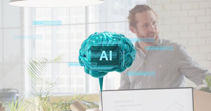 Floating teal brain labeled AI projecting UI overlays in office, presenter gesturing in light shirt - Powered by Adobe