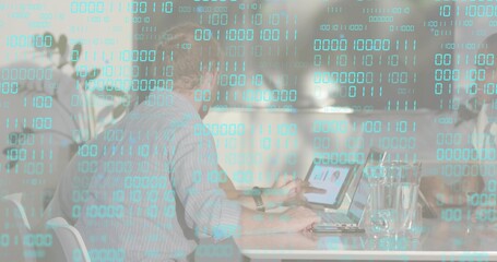 Working quartet wearing business shirts, using laptop, tablet at office table with binary overlay