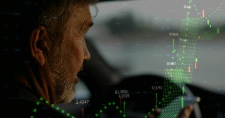 Checking smartphone, mature man in jacket studying candlestick overlay in car near steering wheel