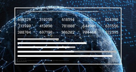 Displaying centered white HUD showing six-digit grid and bars over Earth, nodes connecting