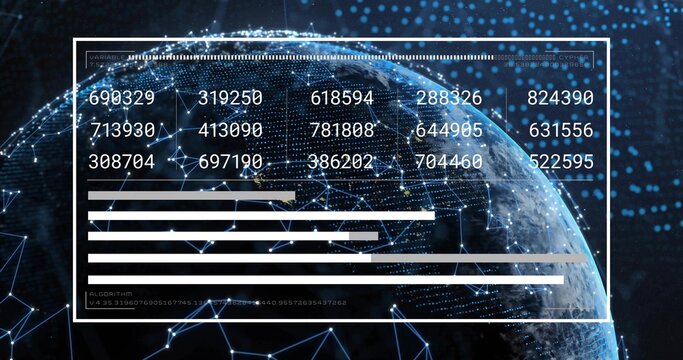 Displaying centered white HUD showing six-digit grid and bars over Earth, nodes connecting - Powered by Adobe