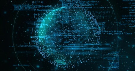 Rendering luminous 3D data globe rotating in virtual deep-space display, with python code fragments