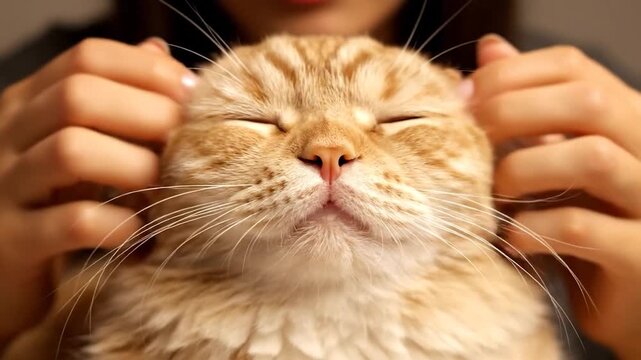 A ginger cat's face is gently squeezed by two hands