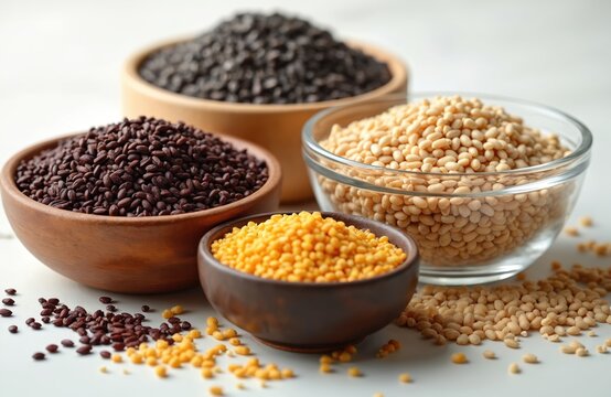Four bowls hold bird seeds including black sunflower seeds red millet yellow millet and canary grass seeds. These dry grains are natural food for pets.