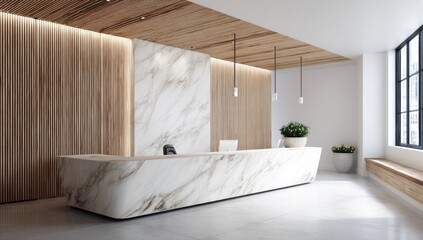 Modern office reception area with marble counter and wooden accents