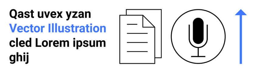Audio recording, file sharing, digital communication, recording technology, transcription services, content creation. Minimalistic microphone icon and document graphics with an upward arrow. Audio