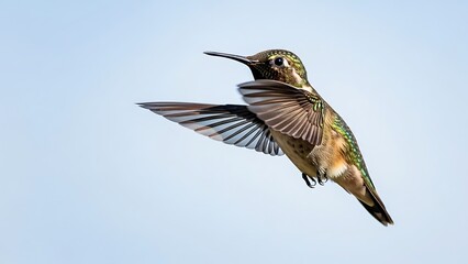 Fototapeta premium A hummingbird in flight, wings spread wide, against a clear blue sky