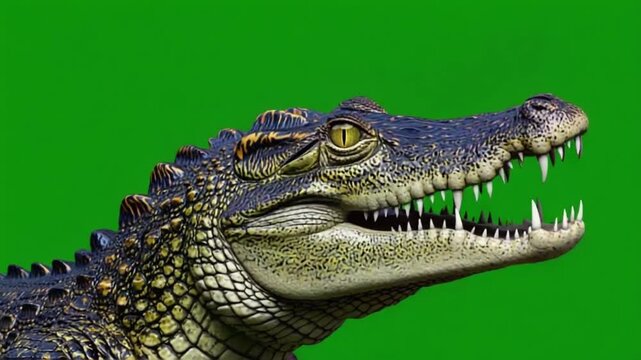 Close-up of a crocodile's head with open mouth and sharp teeth on green screen