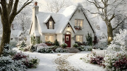 Cozy cottage covered in snow with glowing windows and Christmas lights in a winter forest at night. Festive holiday scene.