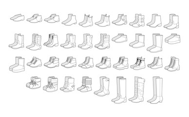 Boot line pair set. Chelsea work hiking duck cowboy, combat steel toe desert chukka platform, logger styles for men women. Minimal footwear drawing vector isolated outline collection for outdoor work