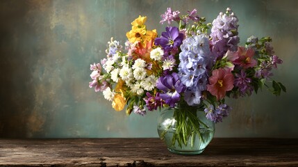 Colorful bouquet of fresh spring flowers in a glass vase placed on a bright sunny windowsill.
