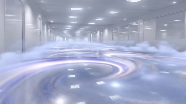 Mysterious hallway scene with surreal fog and fluorescent lighting