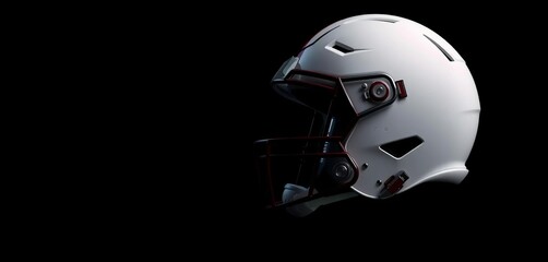 Stylized football helmet, red and white stripes on side, dark black background AI generated graphic, digital sport concept, protective gear,  head protection,  sports gear