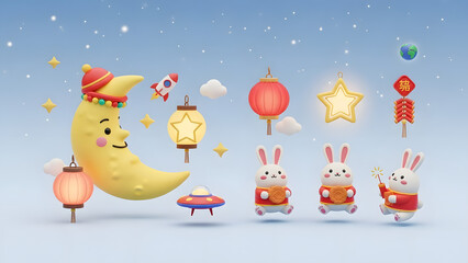Fototapeta premium Enchanting 3D rendered scene of a celestial holiday, showcasing a cheerful moon character, playful rabbit figures, and vibrant lanterns, ideal for autumnal festivities and cultural themes
