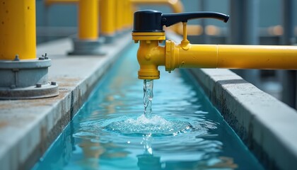 Water flows from yellow pipe valve into concrete channel with blue liquid. Industrial system pipes for resource management. Monitoring water quality and flow.