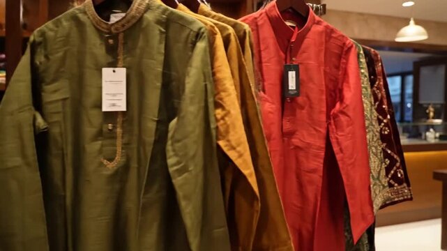 Two ornate men's kurtas, one on a mannequin, alongside a rack of colorful ethnic clothing