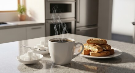 Obraz premium Steaming hot beverage accompanies almond biscuits and sugar cubes on a bright kitchen counter