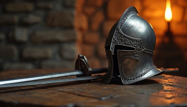 Knight helmet and sword rest on rustic wooden table. Stone wall and flickering torch light in background. Represents medieval times and combat gear.