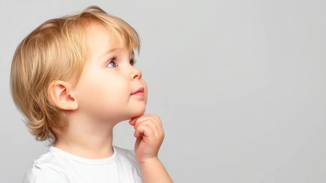 Child's Contemplation: A young child with a thoughtful expression gazes upwards, as if lost in a world of wonder and curiosity. This image captures the innocent introspection of youth.