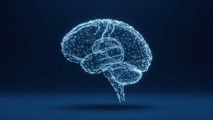 Digital Brain AI Concept: Abstract glowing wireframe human brain with particles on dark background, representing technology, intelligence, and neural networks.
