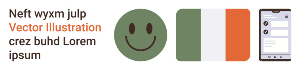 Fototapeta premium Communication, technology, national identity, positivity, cultural symbols, checklist. happy face, Ireland flag and a smartphone checklist page. Positivity and communication