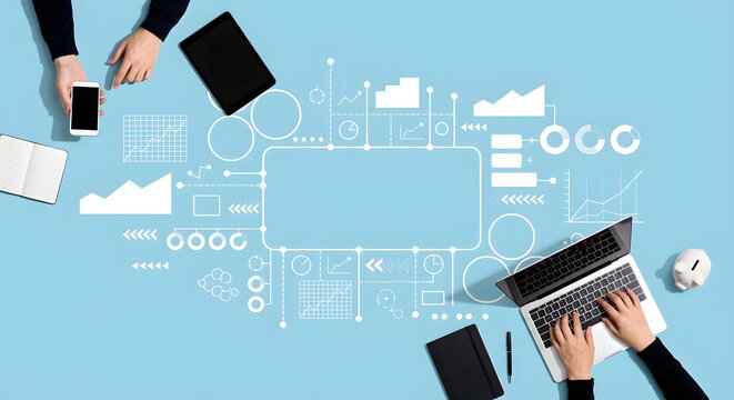 Top view of professional workspace with hands using laptop and smartphone surrounded by digital business icons and growth analytics charts for teamwork and strategic planning - Powered by Adobe