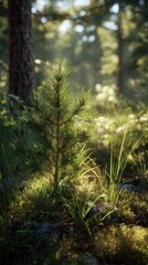 Fototapeta premium Young pine tree in forest sunlight nature scene for commercial use