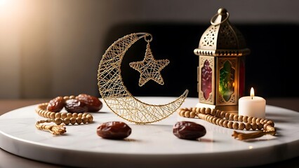 Ramadan Decorative Lantern and Dates on Tray.