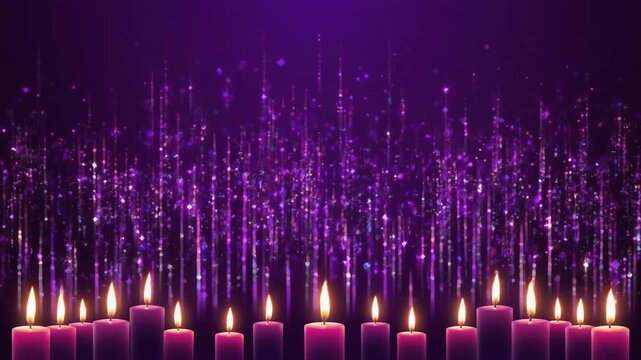 Candles with fire, Christmas cozy design. Empty purple template with set of candles with sparkles and purple background with copy space. Festive backdrop for your text.