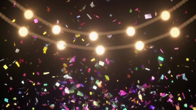 Confetti falling with festive lights against dark background for birthday, celebration, festive theme greeting card