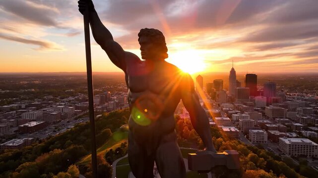 A colossal statue stands against a vibrant sunset. The statue towers over a city skyline, capturing attention with its imposing presence and silhouetted form.