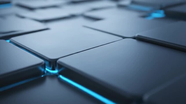 Dynamic abstract background with dark square tiles moving up and down, revealing vibrant blue light. Perfect for technology, data, or futuristic themes.