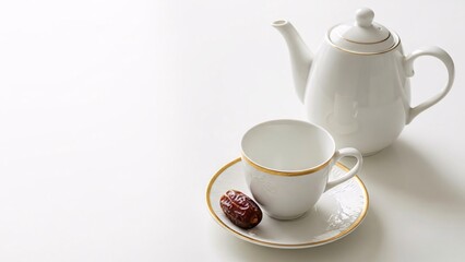Fototapeta premium A White Teapot, Cup, and Saucer with a Date on a White Surface