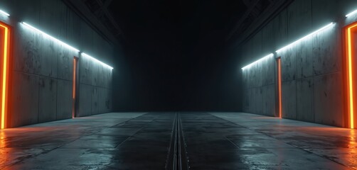 Futuristic concrete corridor with glowing orange and white lights. Dark industrial hall with metal floor and textured walls. Dim space suggests a sci fi hangar or tunnel.