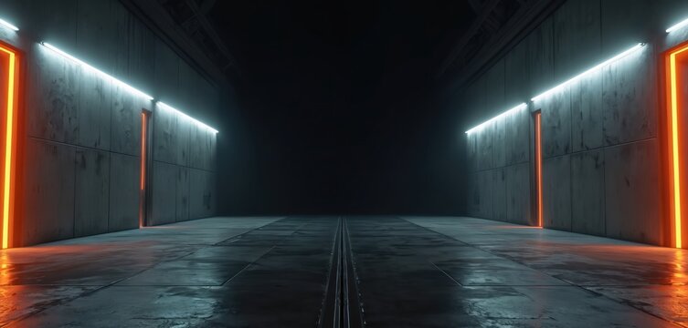 Futuristic concrete corridor with glowing orange and white lights. Dark industrial hall with metal floor and textured walls. Dim space suggests a sci fi hangar or tunnel.