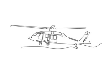Fototapeta premium Single one line drawing versatile military transport helicopter. Main rotor blades, landing gear, cabin windows of craft, air support missions. Continuous line draw design graphic vector illustration