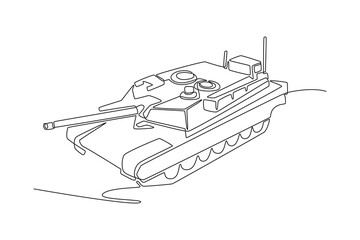 Single one line drawing sophisticated main battle tank from elevated angle, complex turret roof, hatches, heavy armor versatile combat vehicle. Continuous line draw design graphic vector illustration © onetime