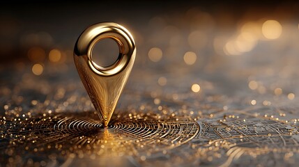 Golden 3D map pointer icon hovering over a dark city street map. GPS navigation and location tracking concept.
