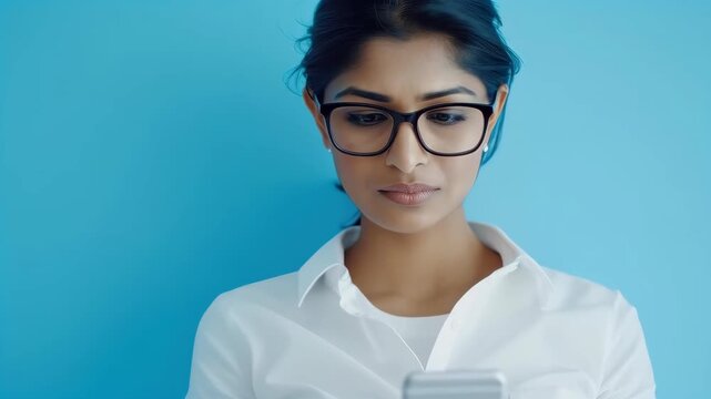 Smart Professional: An elegant woman, clad in glasses and a crisp white shirt, intently focuses on her mobile phone against a vibrant blue backdrop.