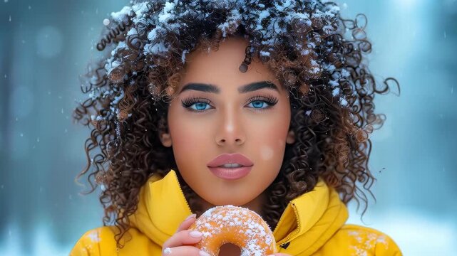 Winter Glow: A serene winter scene captures a radiant woman with mesmerizing blue eyes and cascading curls. She delicately cradles a sweet donut, with snowflakes gently dusting her features. The soft.