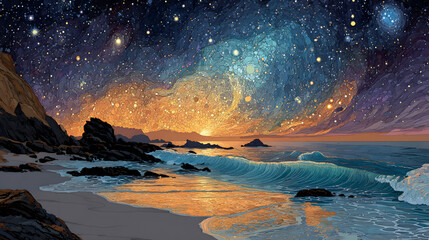 Cosmic ocean waves infused with stars and nebula clouds. Surreal galactic water motion with deep blue and purple hues.