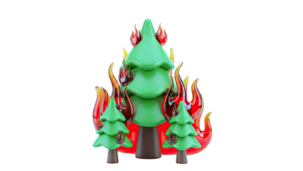 Stylized 3D Christmas trees engulfed in stylized flames