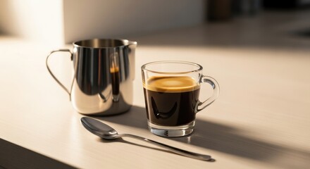 Stainless steel pitcher and glass of dark espresso coffee sit on a bright surface with a spoon nearby