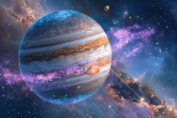 Stunning Jupiter Surrounded by Colorful Nebulae and Distant Galaxies, Captured in an Imaginative Cosmic Scene with Starry Background and Vivid Colors
