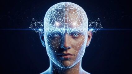 AI Human Head with Futuristic Digital Brain Network. Concept of Artificial Intelligence, Technology, and Data Transfer