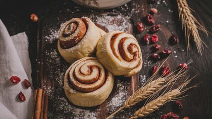 Freshly prepared cinnamon rolls dusted with sugar alongside cinnamon sticks and dried cranberries