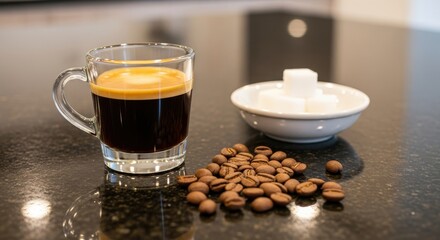 Rich dark espresso shot with whole beans and sugar cubes rests on a glossy countertop