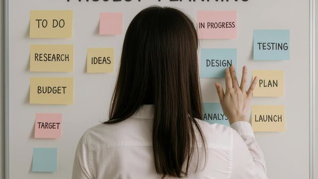 Strategic Project Planning: A professional meticulously organizes and visualizes project milestones with colorful sticky notes, fostering a structured approach to business initiatives