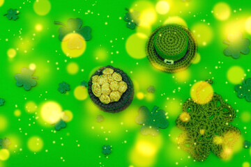 Handmade St. Patrick's Day concept. Traditional decorative symbols, pot with golden coins
